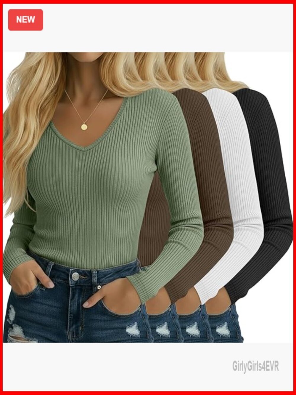 4 Pack Ribbed Long Sleeve V Neck Tees for Women Slim Fit Base Layer Tops